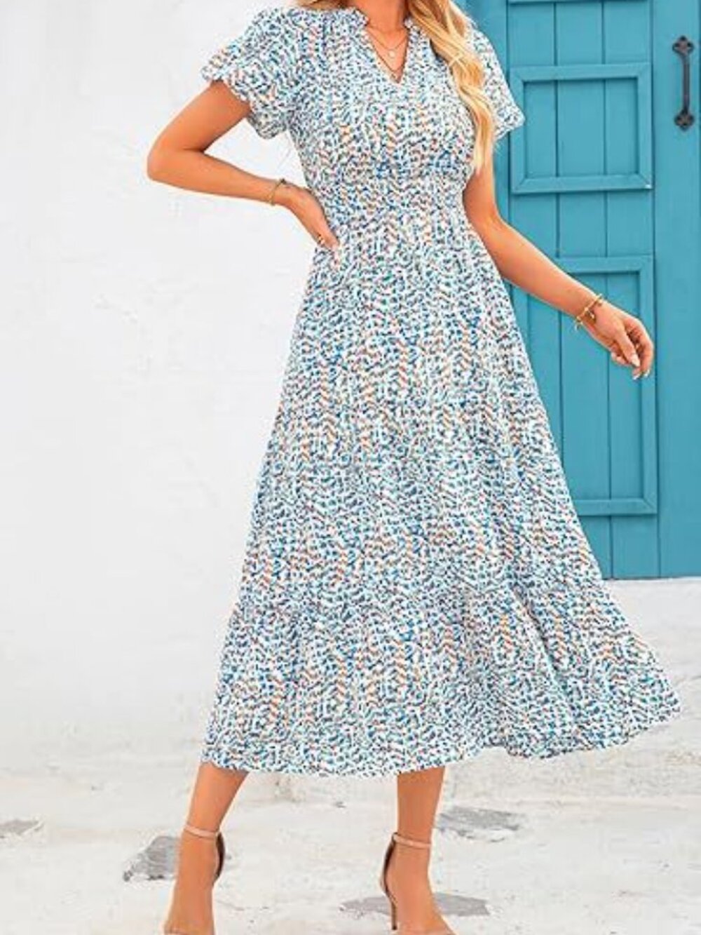 Women's Spring/Summer V-Neck Bubble Pleated Print Short Sleeve Pocket Dress